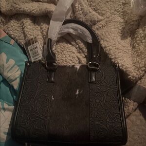 Black Embossed Shoulder Tote with Haircalf Accent